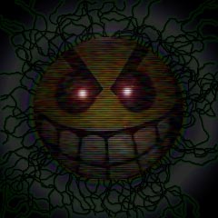 A grinning face with glowing eyes, tangled lines, scan lines, and a radiation symbol